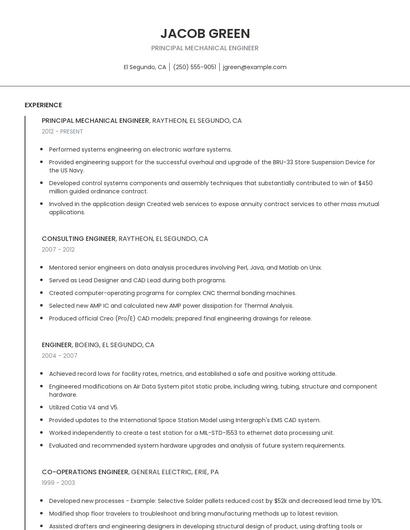 Principal Mechanical Engineer Resume