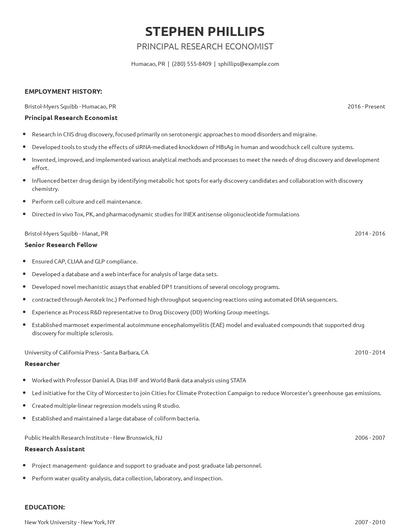Principal Research Economist Resume
