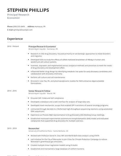 Principal Research Economist Resume