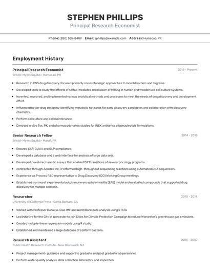 Principal Research Economist Resume
