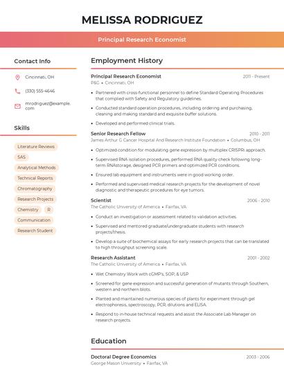 Principal Research Economist Resume