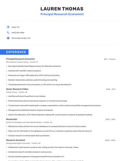 Principal Research Economist Resume