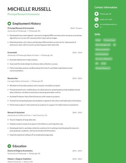 Principal Research Economist Resume