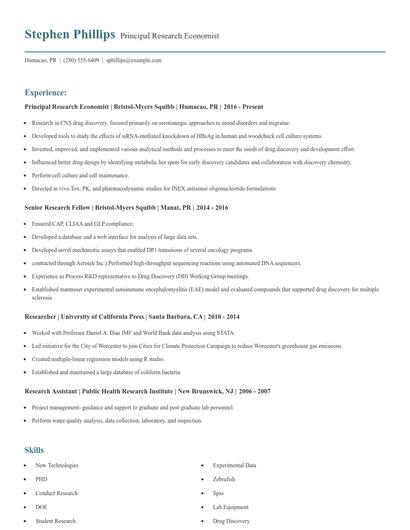 Principal Research Economist Resume