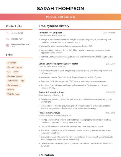 Principal Test Engineer Resume