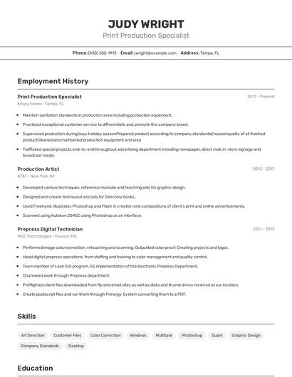 Print Production Specialist Resume