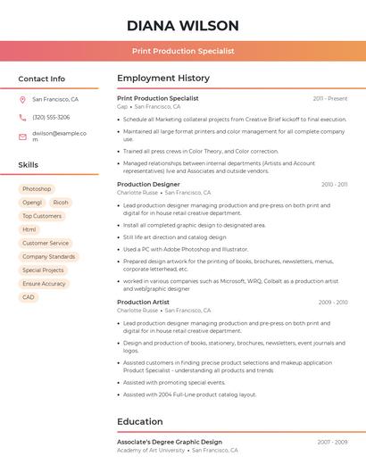 Print Production Specialist Resume