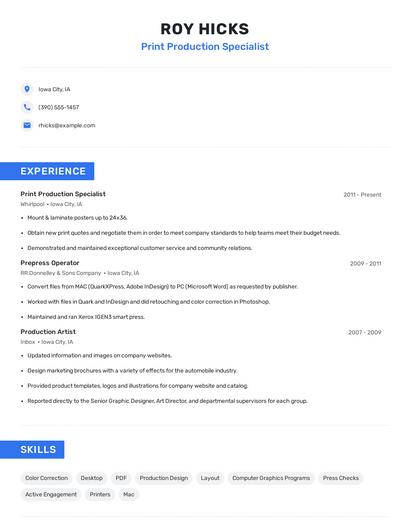 Print Production Specialist Resume