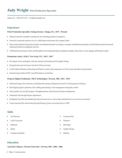 Print Production Specialist Resume