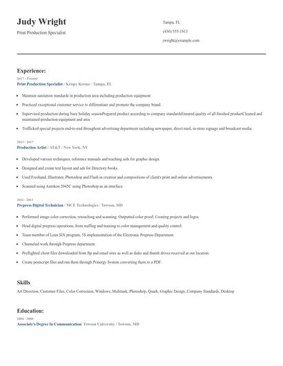 Print Production Specialist Resume