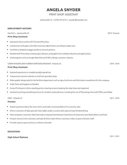 Print Shop Assistant Resume