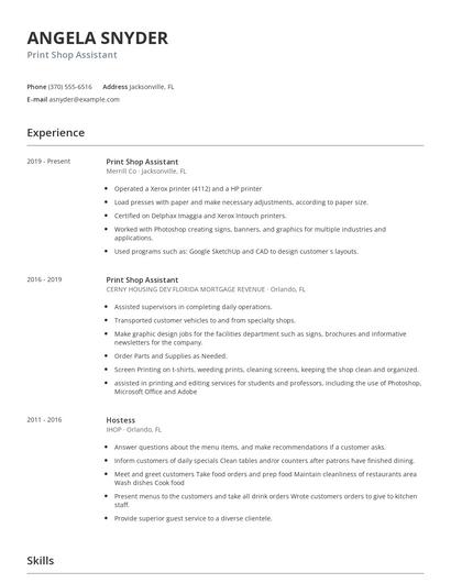 Print Shop Assistant Resume