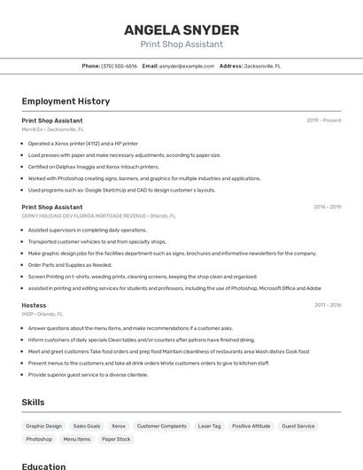 Print Shop Assistant Resume