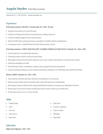 Print Shop Assistant Resume