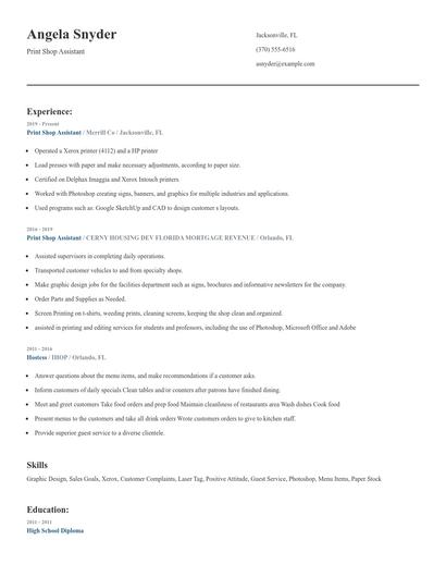 Print Shop Assistant Resume
