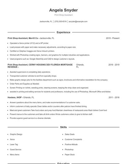 Print Shop Assistant Resume