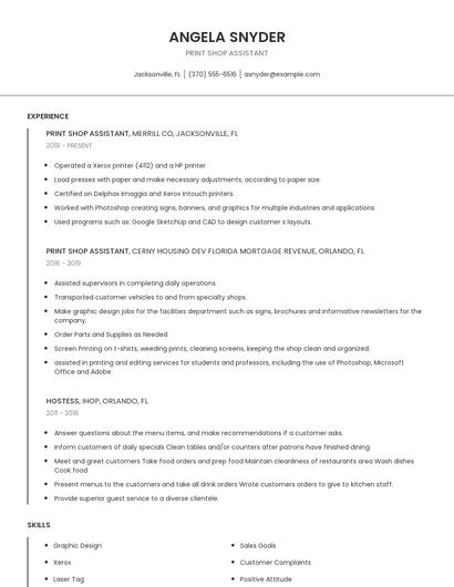Print Shop Assistant Resume