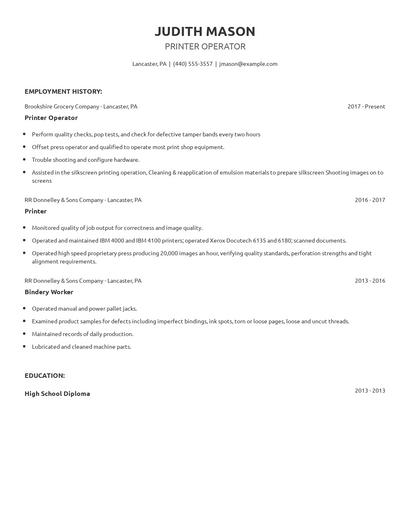Printer Operator Resume