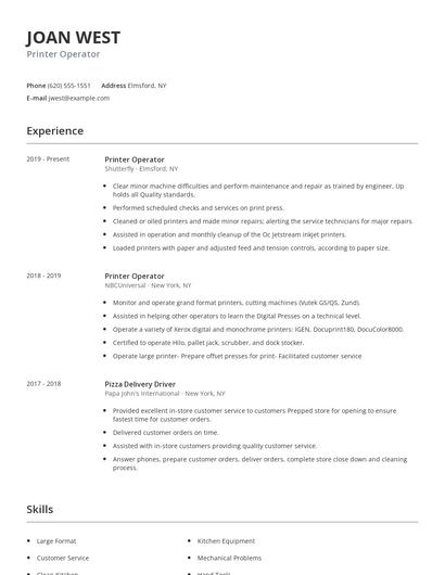 Printer Operator Resume