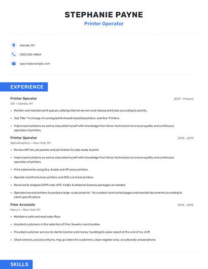 Printer Operator Resume