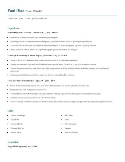 Printer Operator Resume