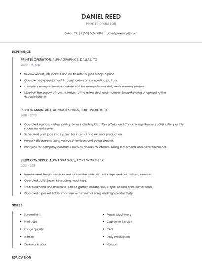 Printer Operator Resume