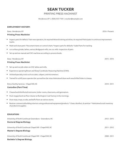 Printing Press Machinist Resume