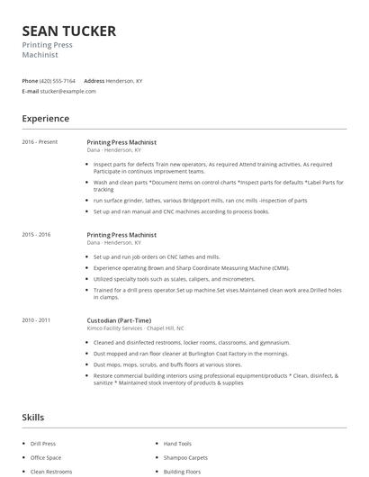 Printing Press Machinist Resume