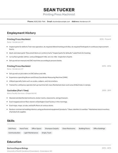 Printing Press Machinist Resume