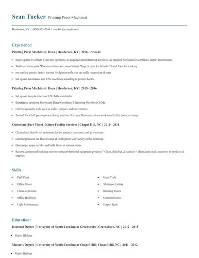 Printing Press Machinist Resume