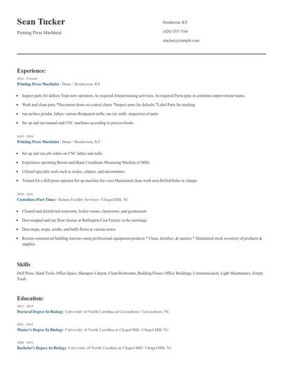 Printing Press Machinist Resume