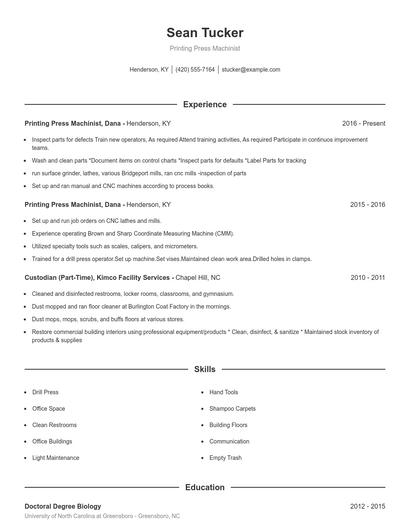 Printing Press Machinist Resume