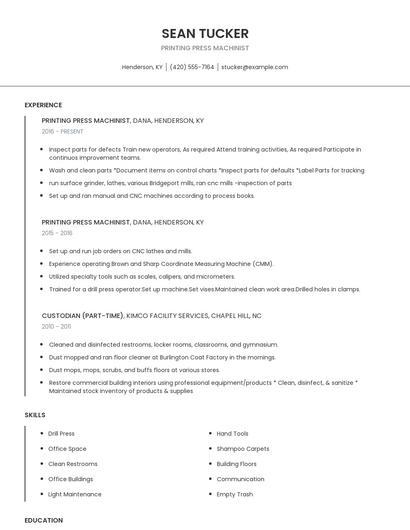 Printing Press Machinist Resume