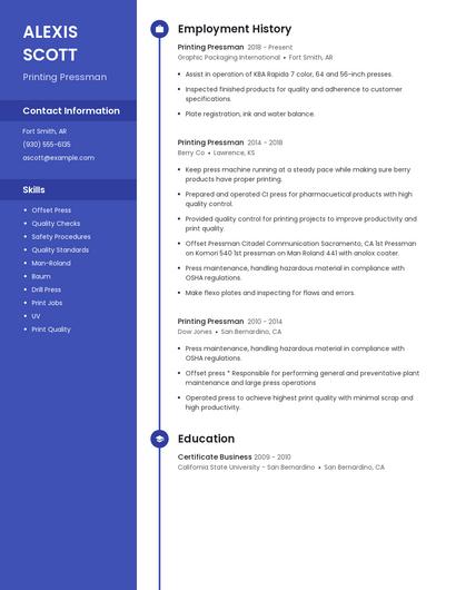 Printing Pressman Resume