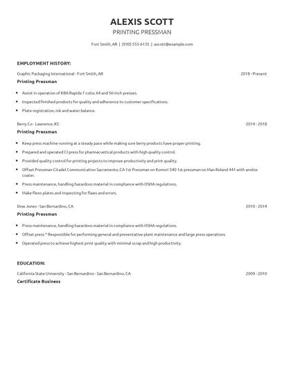 Printing Pressman Resume