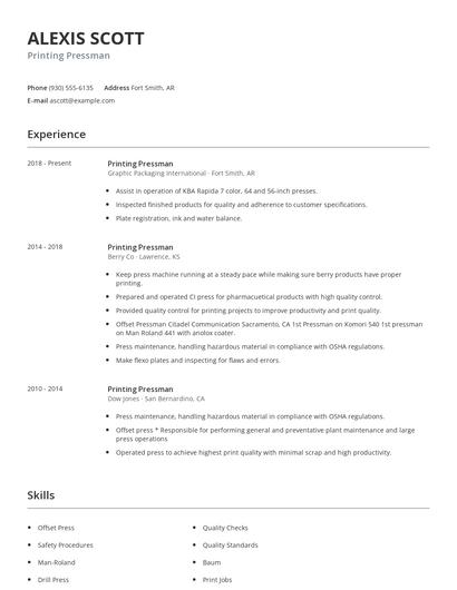 Printing Pressman Resume