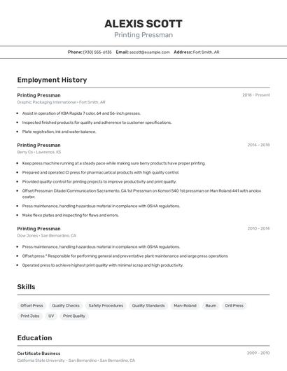 Printing Pressman Resume