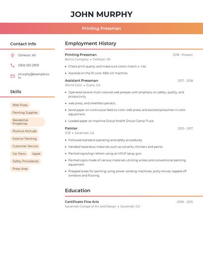 Printing Pressman Resume