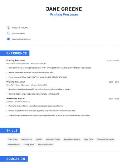 Printing Pressman Resume