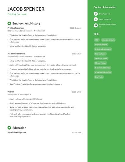 Printing Pressman Resume