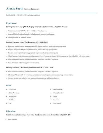 Printing Pressman Resume