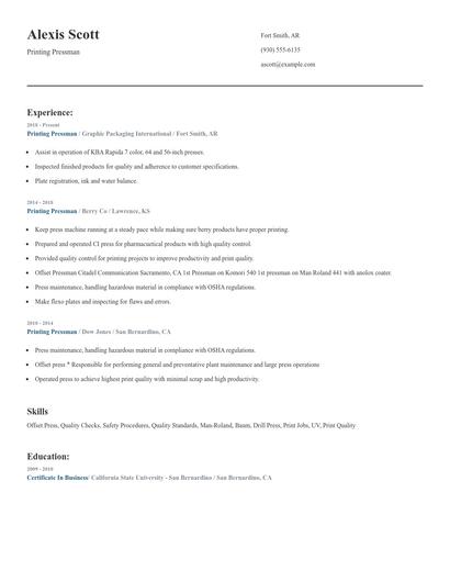 Printing Pressman Resume