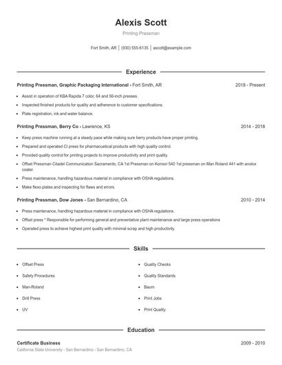 Printing Pressman Resume