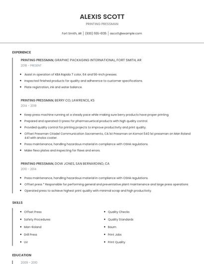 Printing Pressman Resume