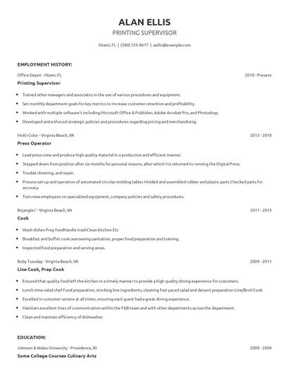 Printing Supervisor Resume