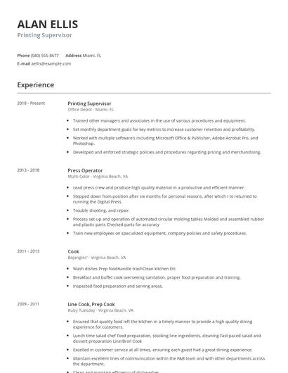 Printing Supervisor Resume