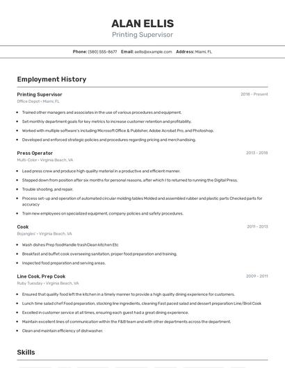 Printing Supervisor Resume