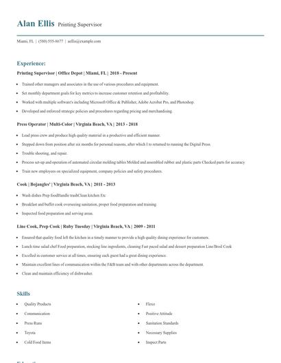 Printing Supervisor Resume