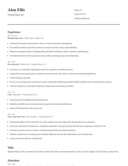 Printing Supervisor Resume