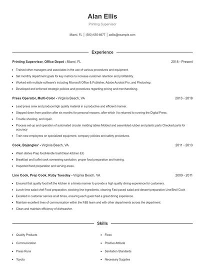 Printing Supervisor Resume